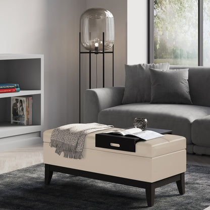 Satin Cream Vegan Leather | Oregon Vegan Leather Storage Ottoman with Tray