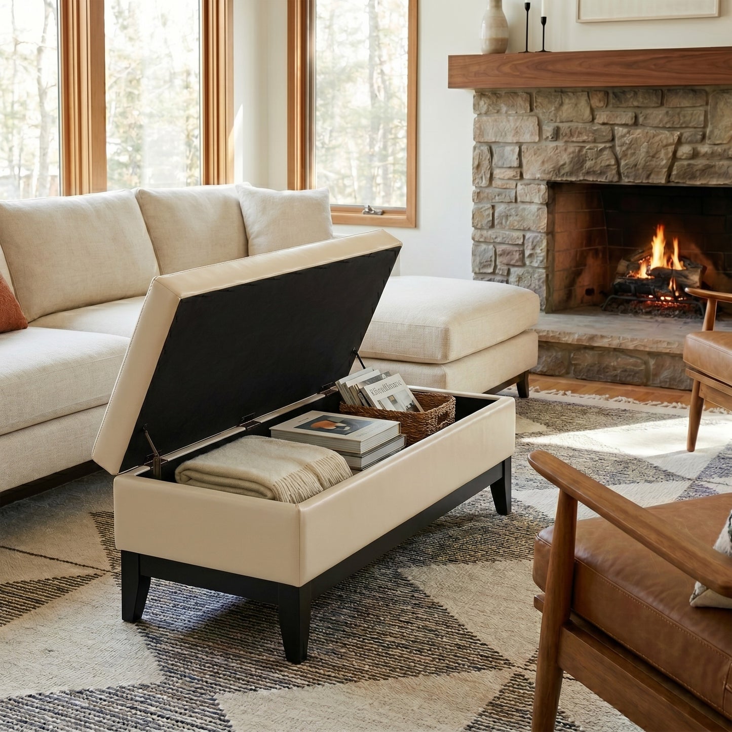 Satin Cream Vegan Leather | Oregon Storage Ottoman Bench with Tray in Vegan Leather