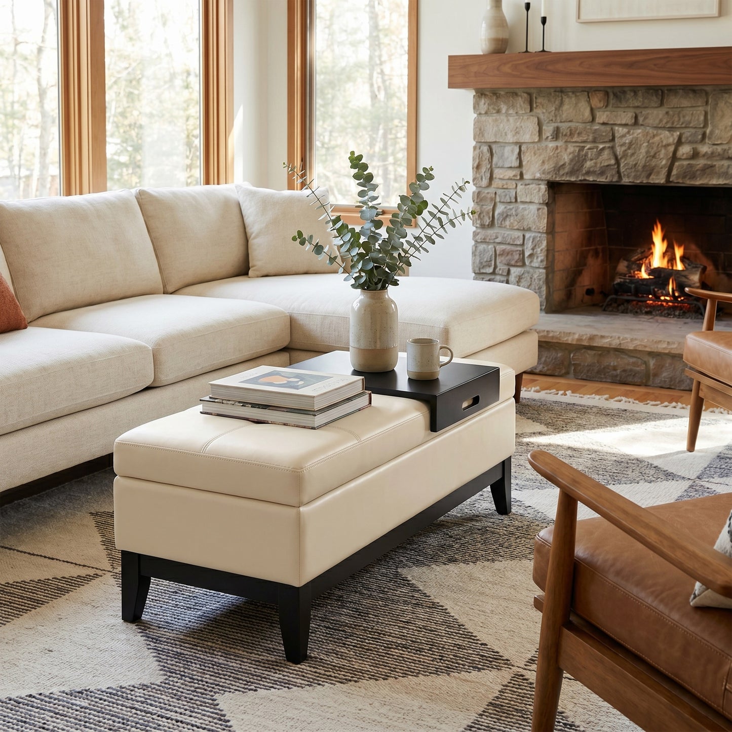 Satin Cream Vegan Leather | Oregon Storage Ottoman Bench with Tray in Vegan Leather
