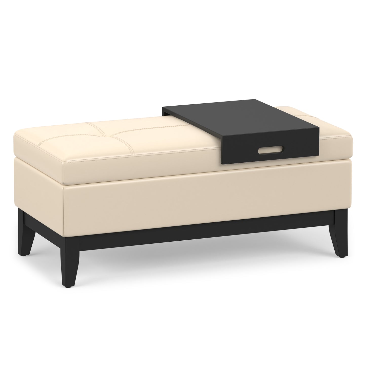 Satin Cream Vegan Leather | Oregon Storage Ottoman Bench with Tray in Vegan Leather