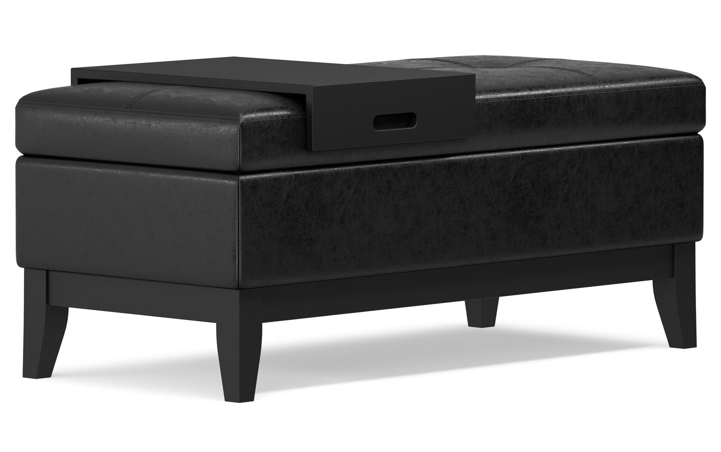 Distressed Black Distressed Vegan Leather | Oregon Storage Ottoman Bench with Tray in Distressed Vegan Leather