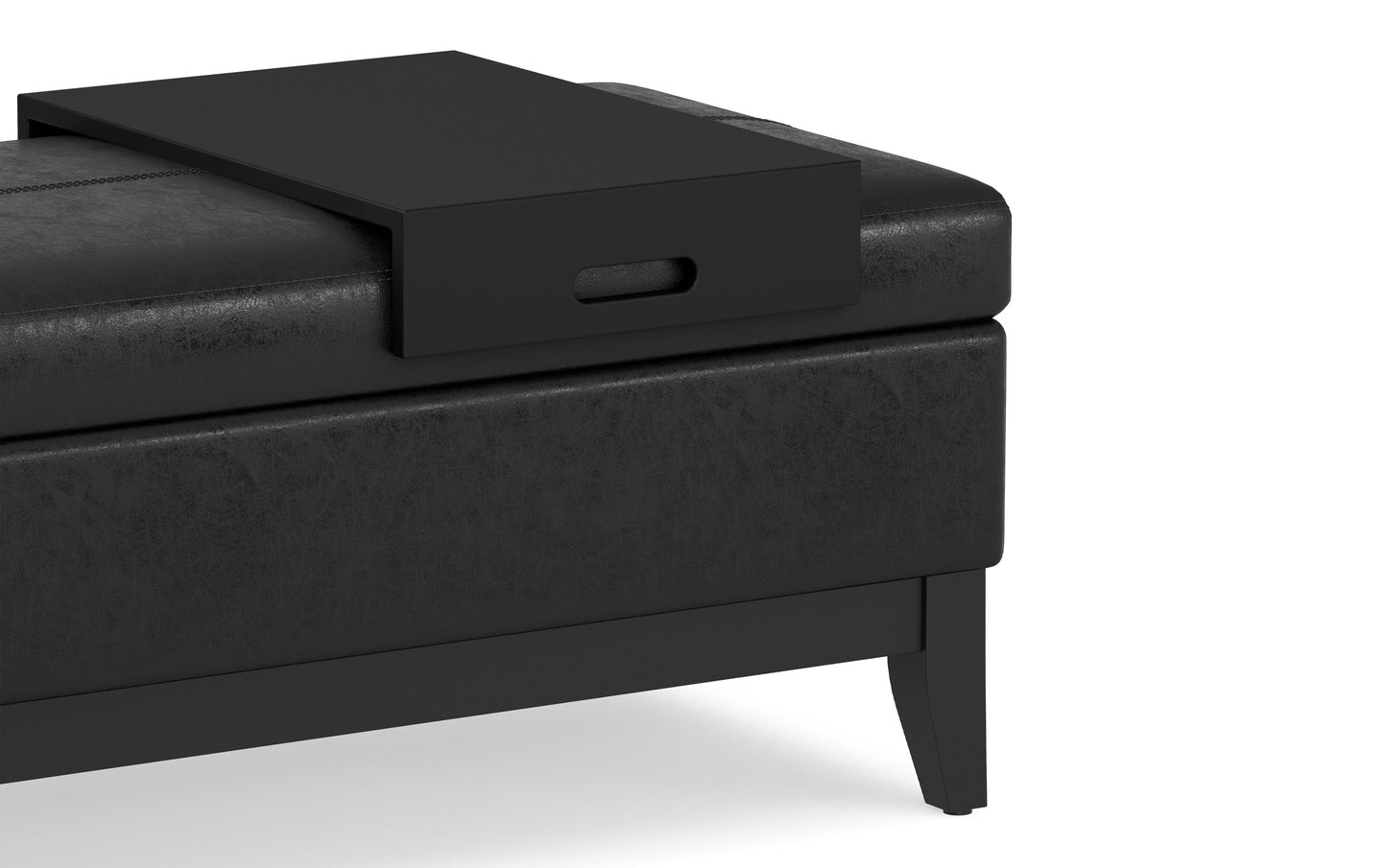 Distressed Black Distressed Vegan Leather | Oregon Storage Ottoman Bench with Tray in Distressed Vegan Leather