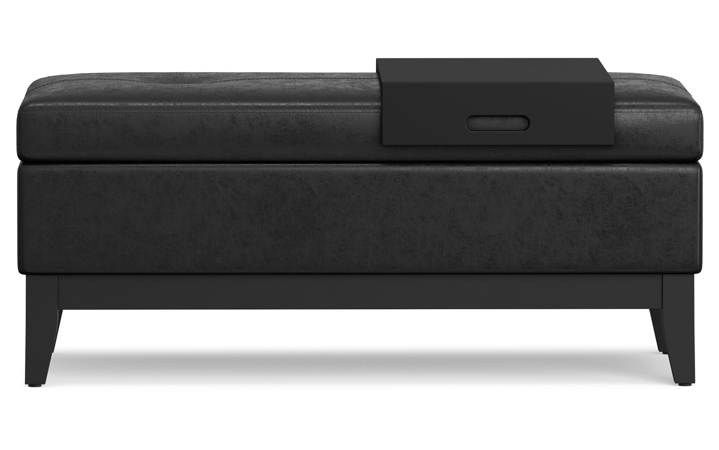 Distressed Black Distressed Vegan Leather | Oregon Storage Ottoman Bench with Tray in Distressed Vegan Leather