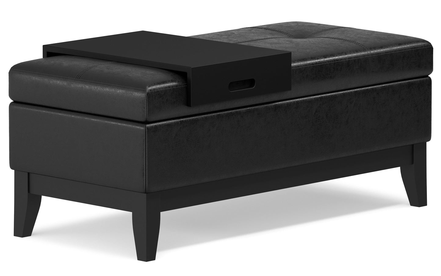 Distressed Black Distressed Vegan Leather | Oregon Storage Ottoman Bench with Tray in Distressed Vegan Leather