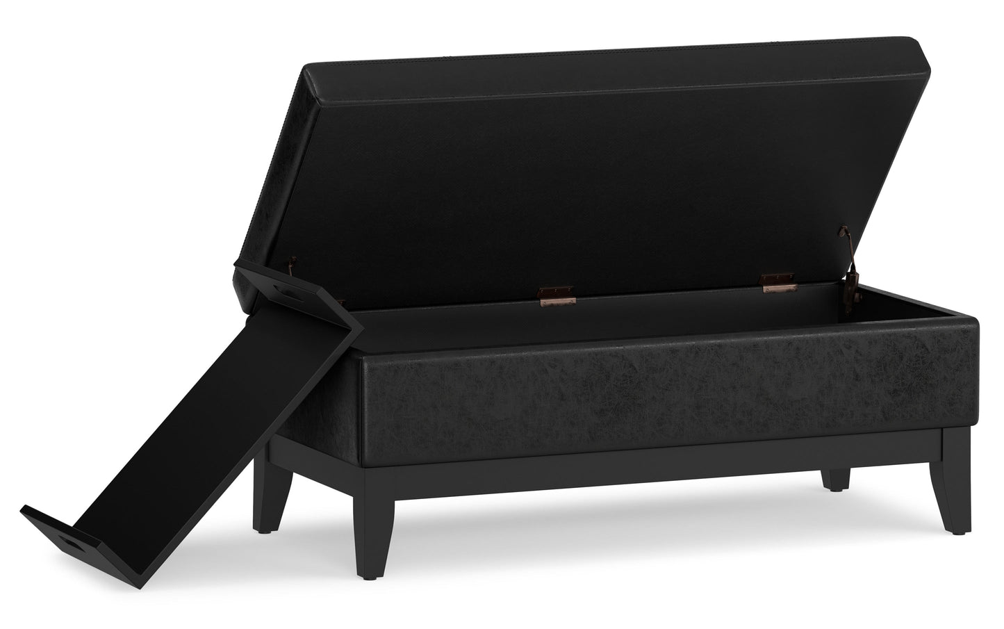 Distressed Black Distressed Vegan Leather | Oregon Storage Ottoman Bench with Tray in Distressed Vegan Leather