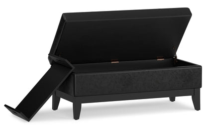 Distressed Black Distressed Vegan Leather | Oregon Storage Ottoman Bench with Tray in Distressed Vegan Leather