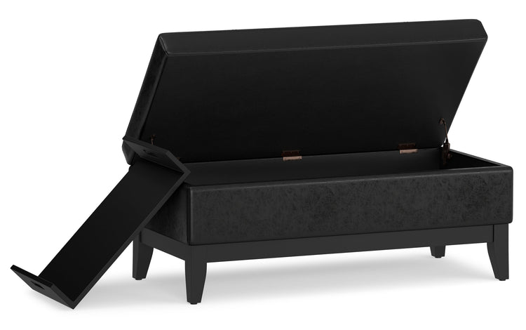 Distressed Black Distressed Vegan Leather | Oregon Storage Ottoman Bench with Tray in Distressed Vegan Leather