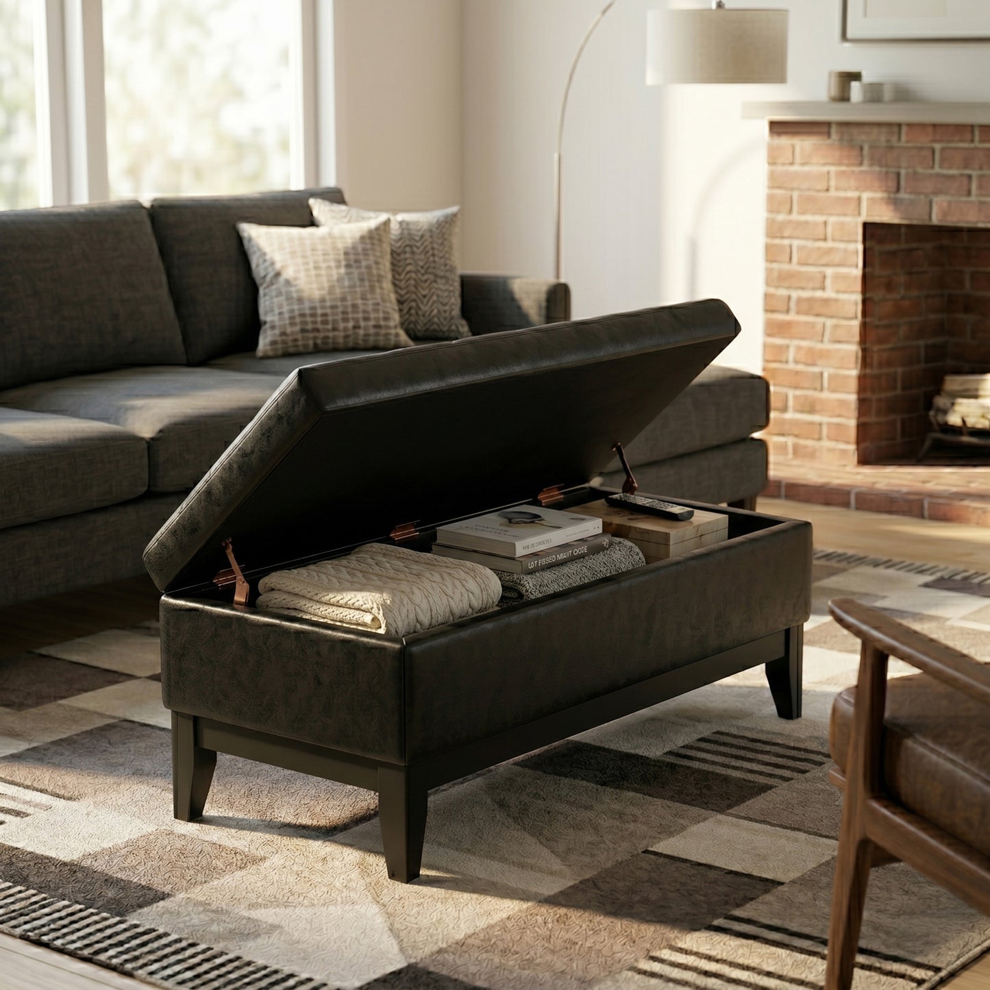 Distressed Black Distressed Vegan Leather | Oregon Storage Ottoman Bench with Tray in Distressed Vegan Leather