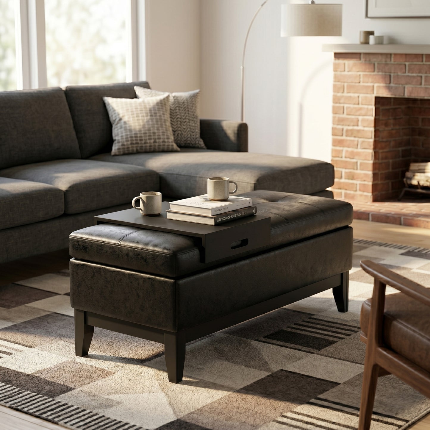 Distressed Black Distressed Vegan Leather | Oregon Storage Ottoman Bench with Tray in Distressed Vegan Leather