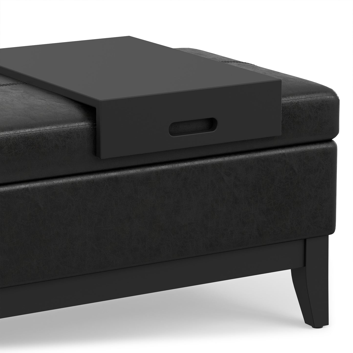 Distressed Black Distressed Vegan Leather | Oregon Storage Ottoman Bench with Tray in Distressed Vegan Leather