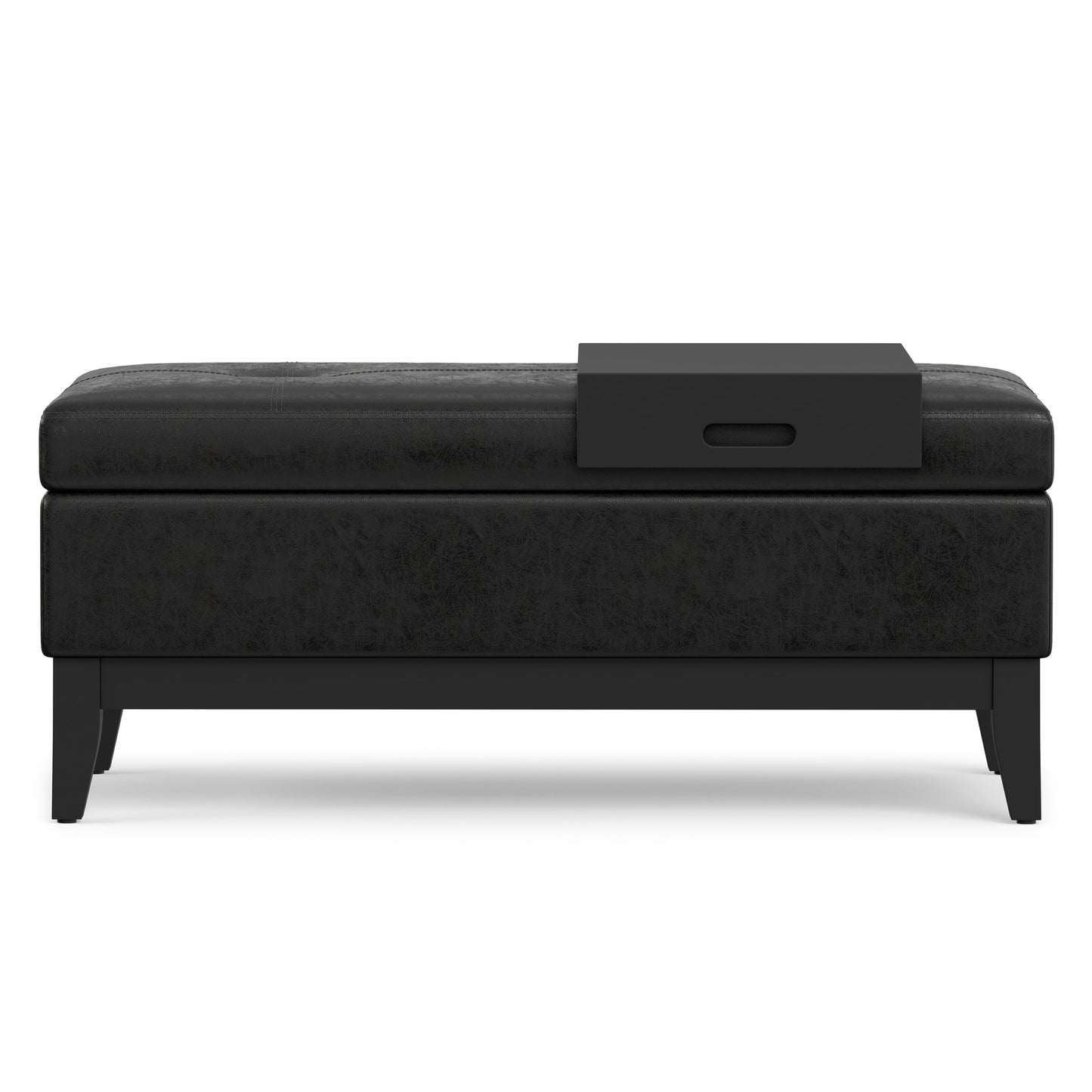 Distressed Black Distressed Vegan Leather | Oregon Storage Ottoman Bench with Tray in Distressed Vegan Leather