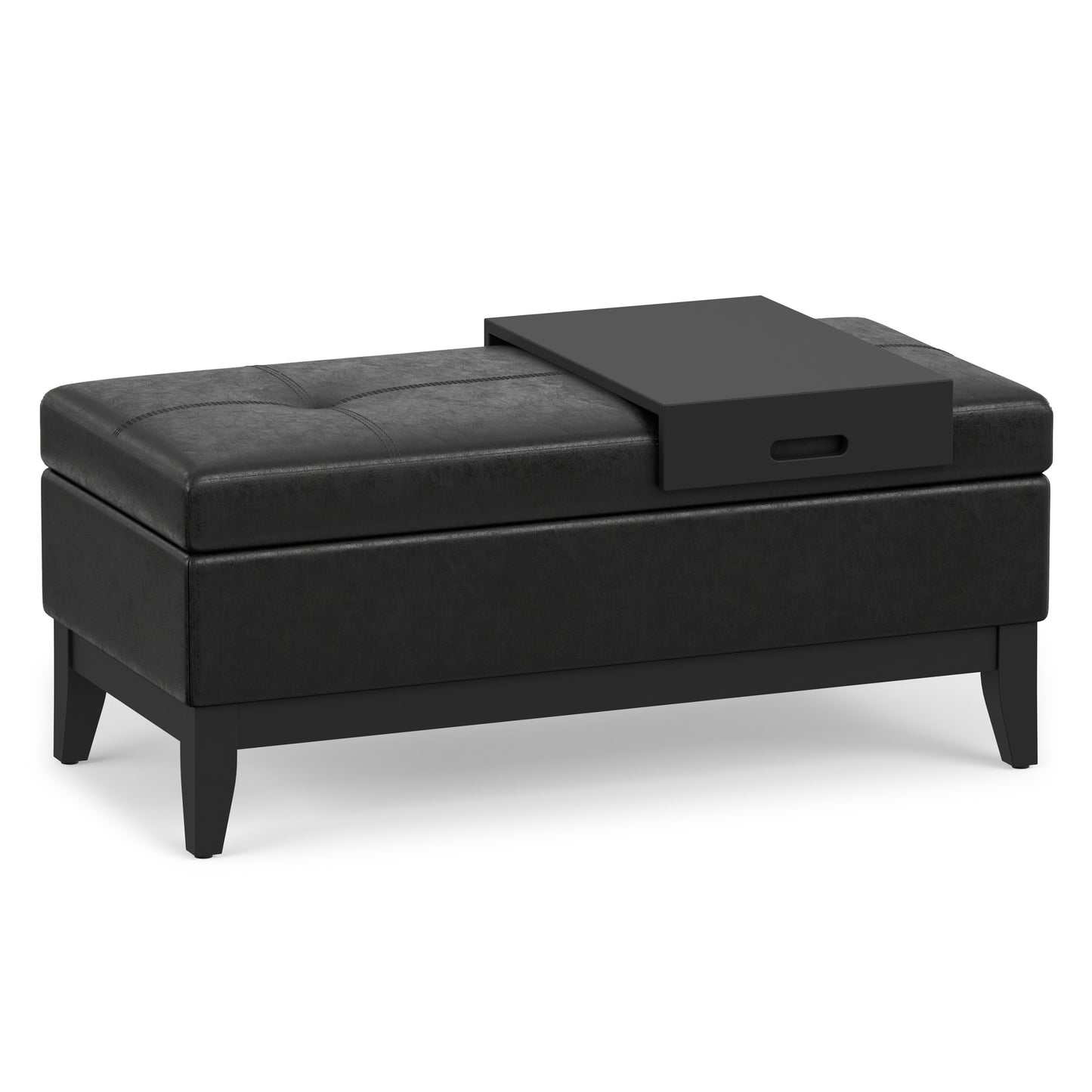 Distressed Black Distressed Vegan Leather | Oregon Storage Ottoman Bench with Tray in Distressed Vegan Leather