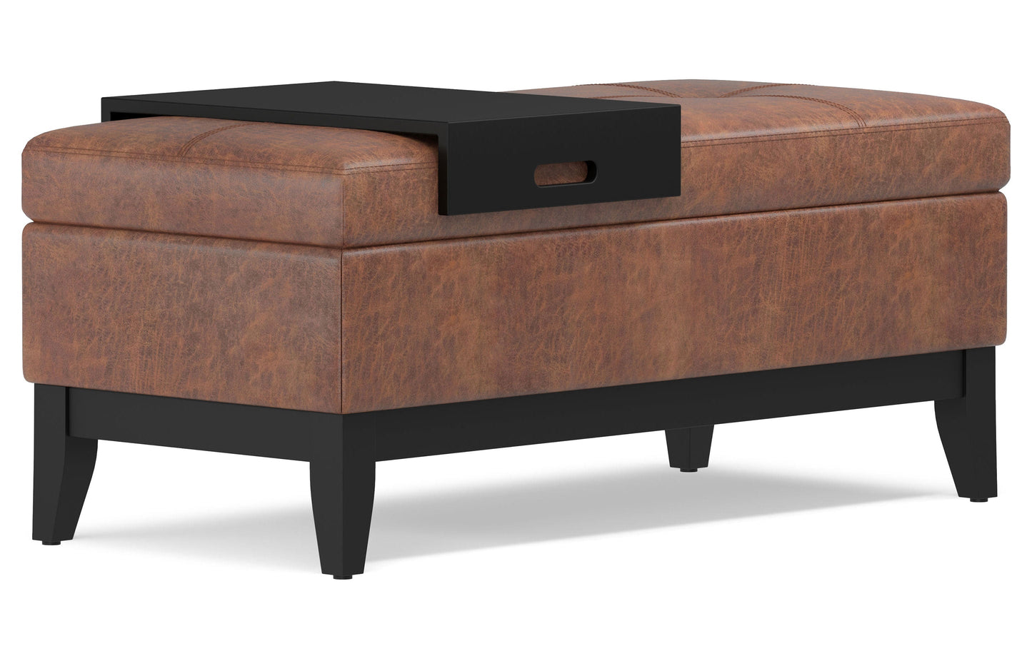 Distressed Saddle Brown Distressed Vegan Leather | Oregon Storage Ottoman Bench with Tray in Distressed Vegan Leather