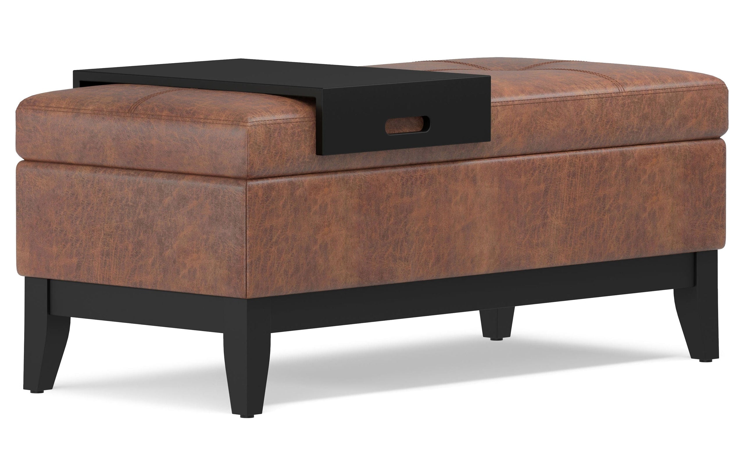 Distressed Saddle Brown Distressed Vegan Leather | Oregon Storage Ottoman Bench with Tray in Distressed Vegan Leather