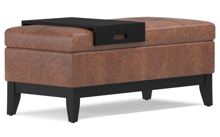 Distressed Saddle Brown Distressed Vegan Leather | Oregon Storage Ottoman Bench with Tray in Distressed Vegan Leather