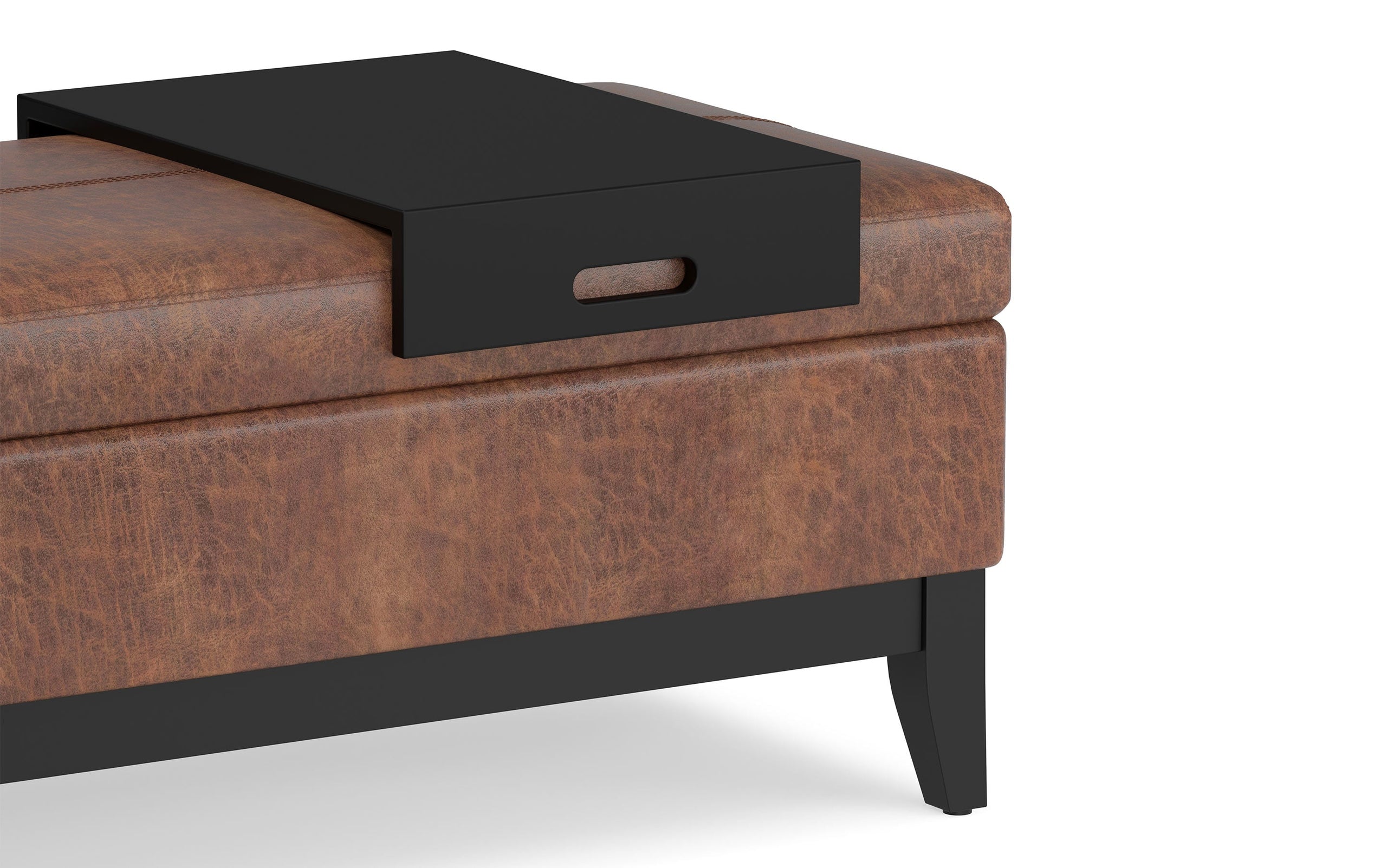 Distressed Saddle Brown Distressed Vegan Leather | Oregon Storage Ottoman Bench with Tray in Distressed Vegan Leather