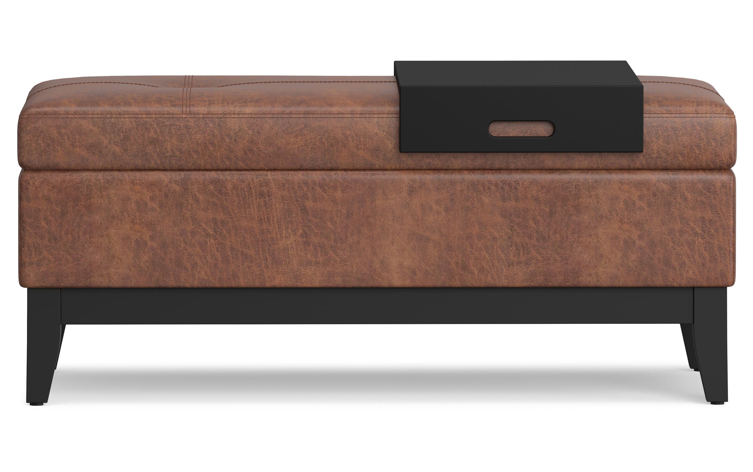 Distressed Saddle Brown Distressed Vegan Leather | Oregon Storage Ottoman Bench with Tray in Distressed Vegan Leather
