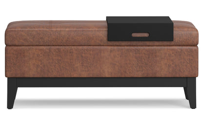 Distressed Saddle Brown Distressed Vegan Leather | Oregon Storage Ottoman Bench with Tray in Distressed Vegan Leather
