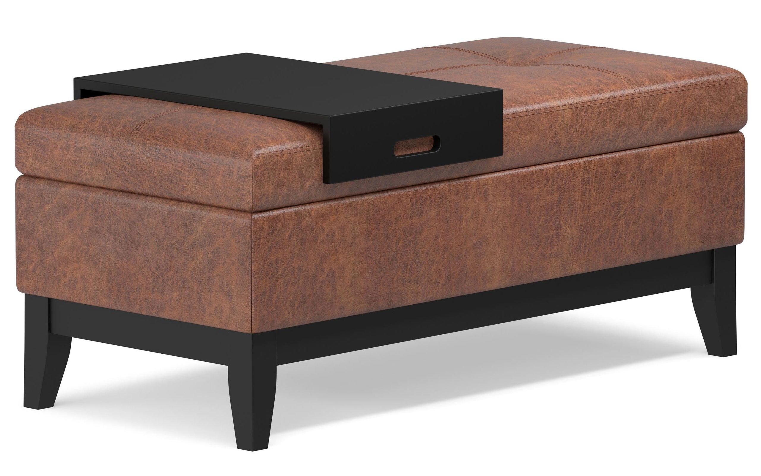 Distressed Saddle Brown Distressed Vegan Leather | Oregon Storage Ottoman Bench with Tray in Distressed Vegan Leather