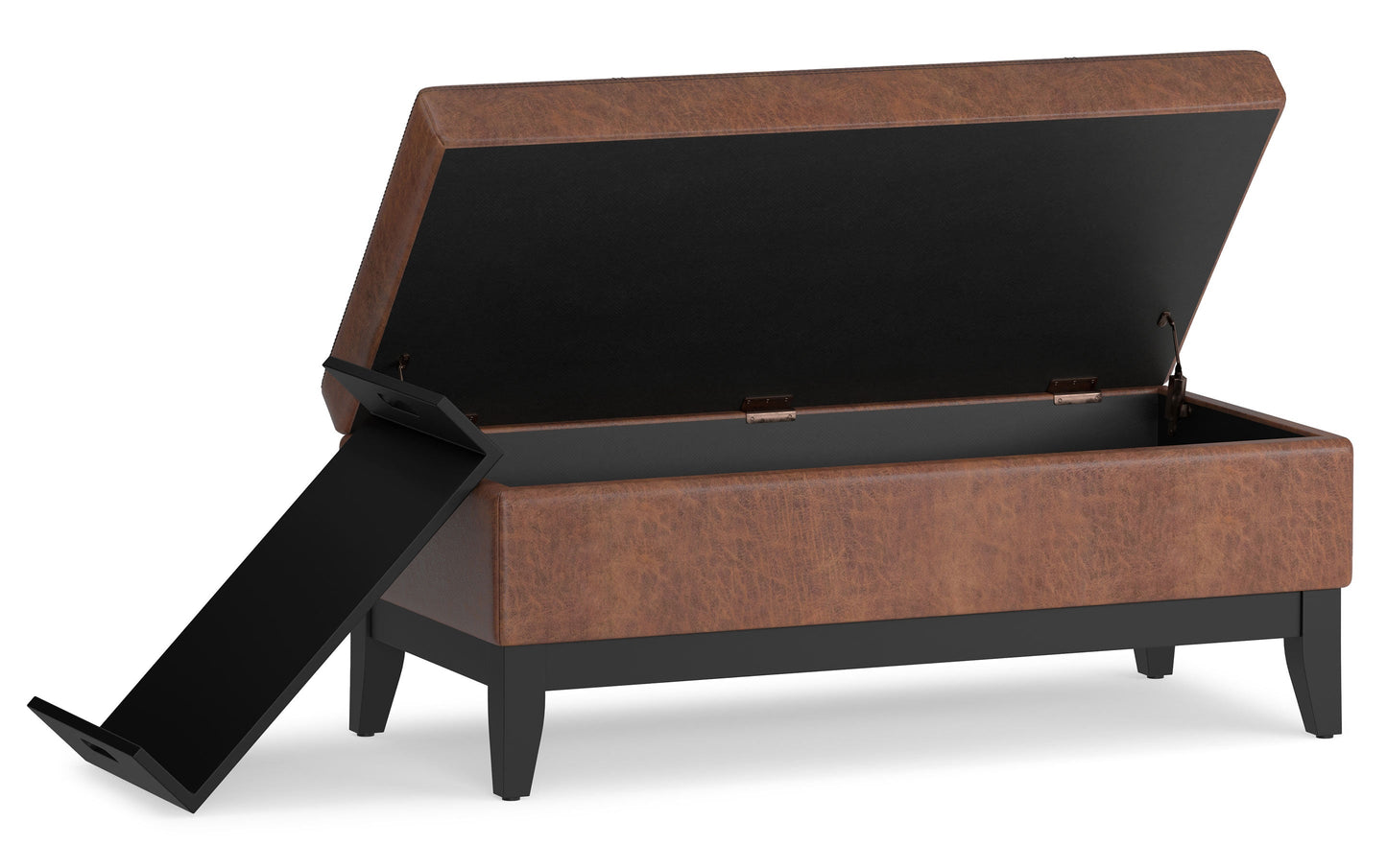 Distressed Saddle Brown Distressed Vegan Leather | Oregon Storage Ottoman Bench with Tray in Distressed Vegan Leather