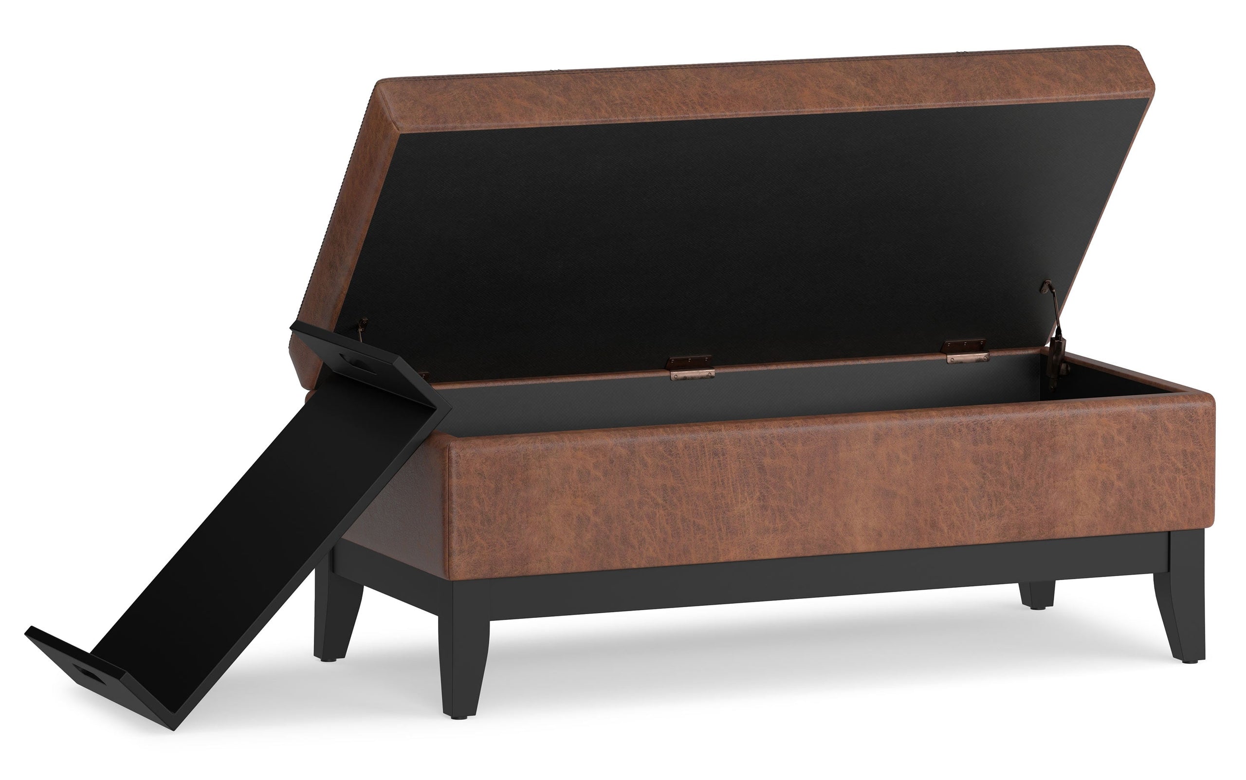 Distressed Saddle Brown Distressed Vegan Leather | Oregon Storage Ottoman Bench with Tray in Distressed Vegan Leather