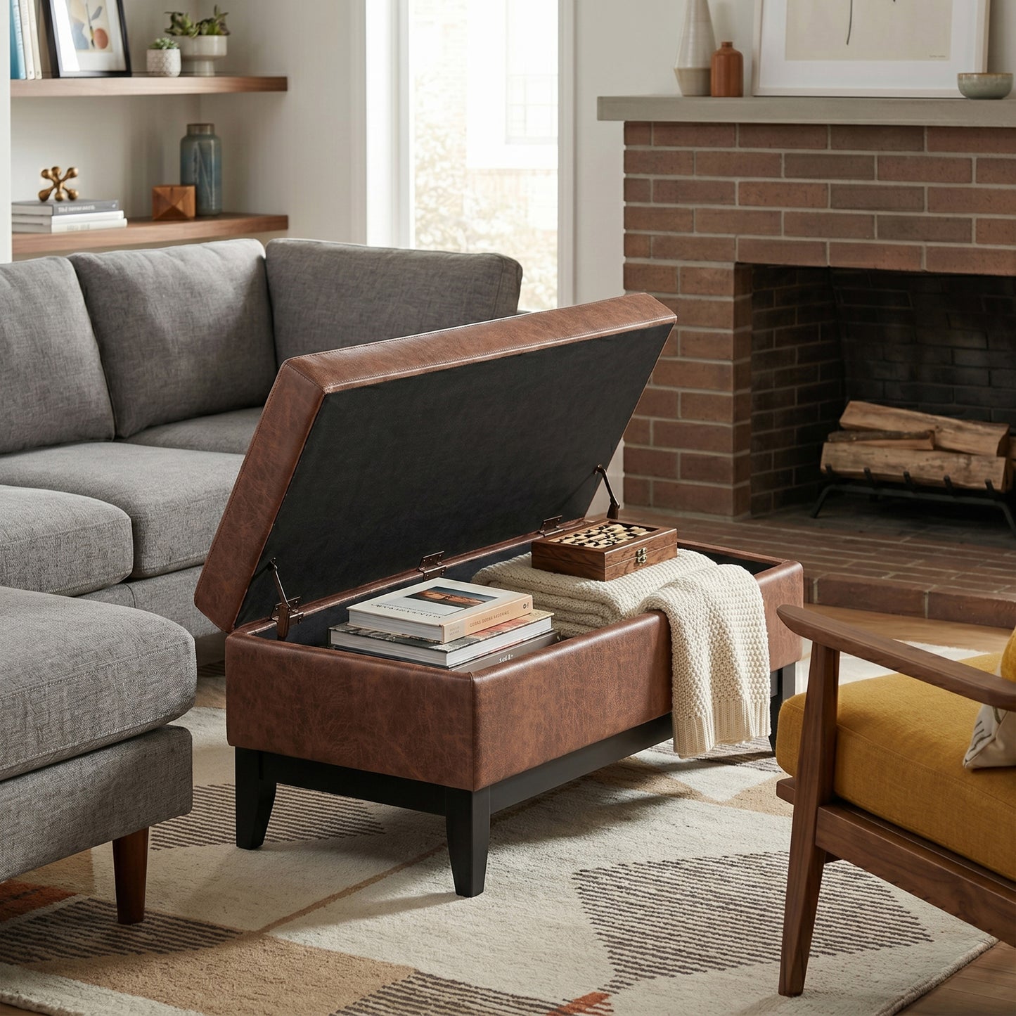 Distressed Saddle Brown Distressed Vegan Leather | Oregon Storage Ottoman Bench with Tray in Distressed Vegan Leather