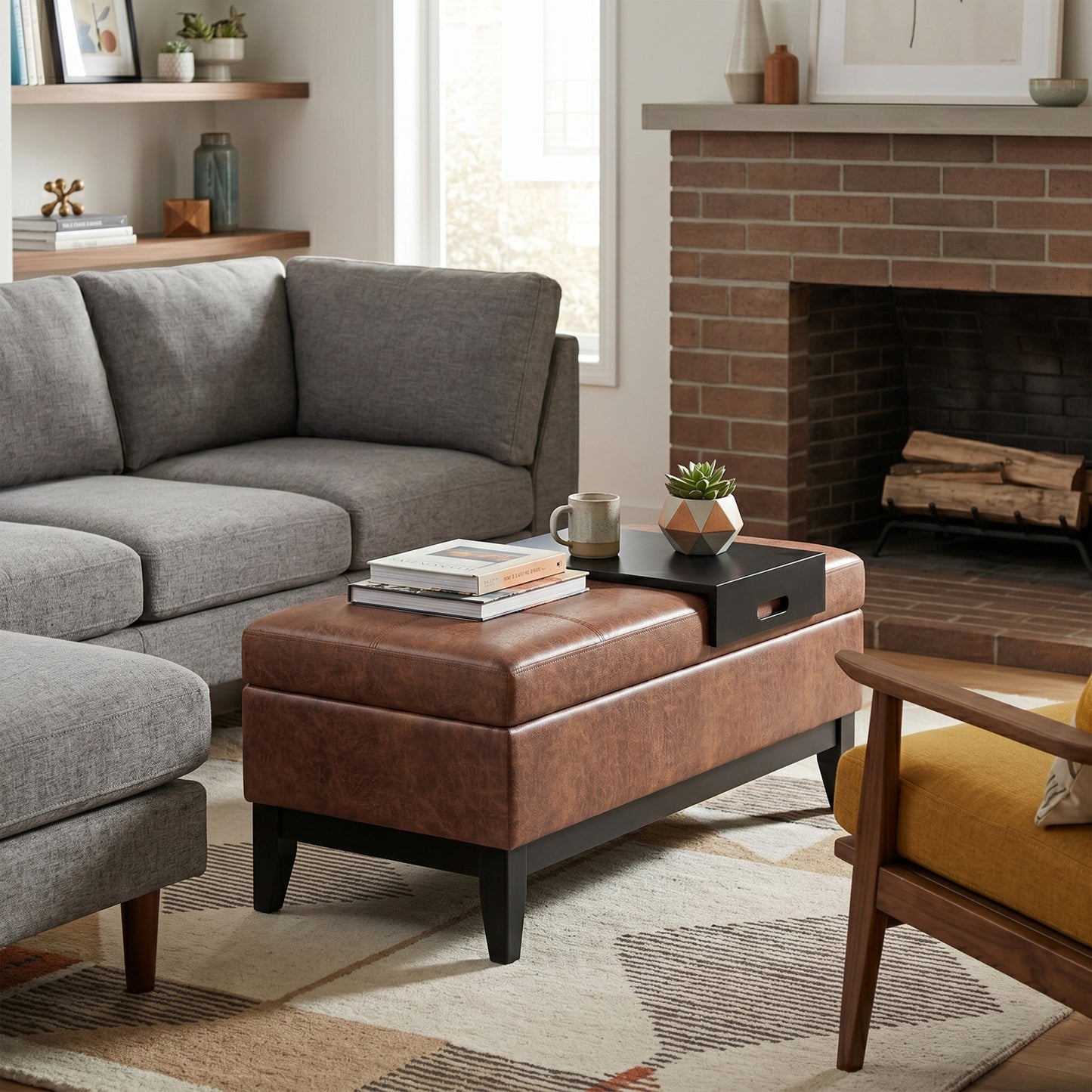 Distressed Saddle Brown Distressed Vegan Leather | Oregon Storage Ottoman Bench with Tray in Distressed Vegan Leather