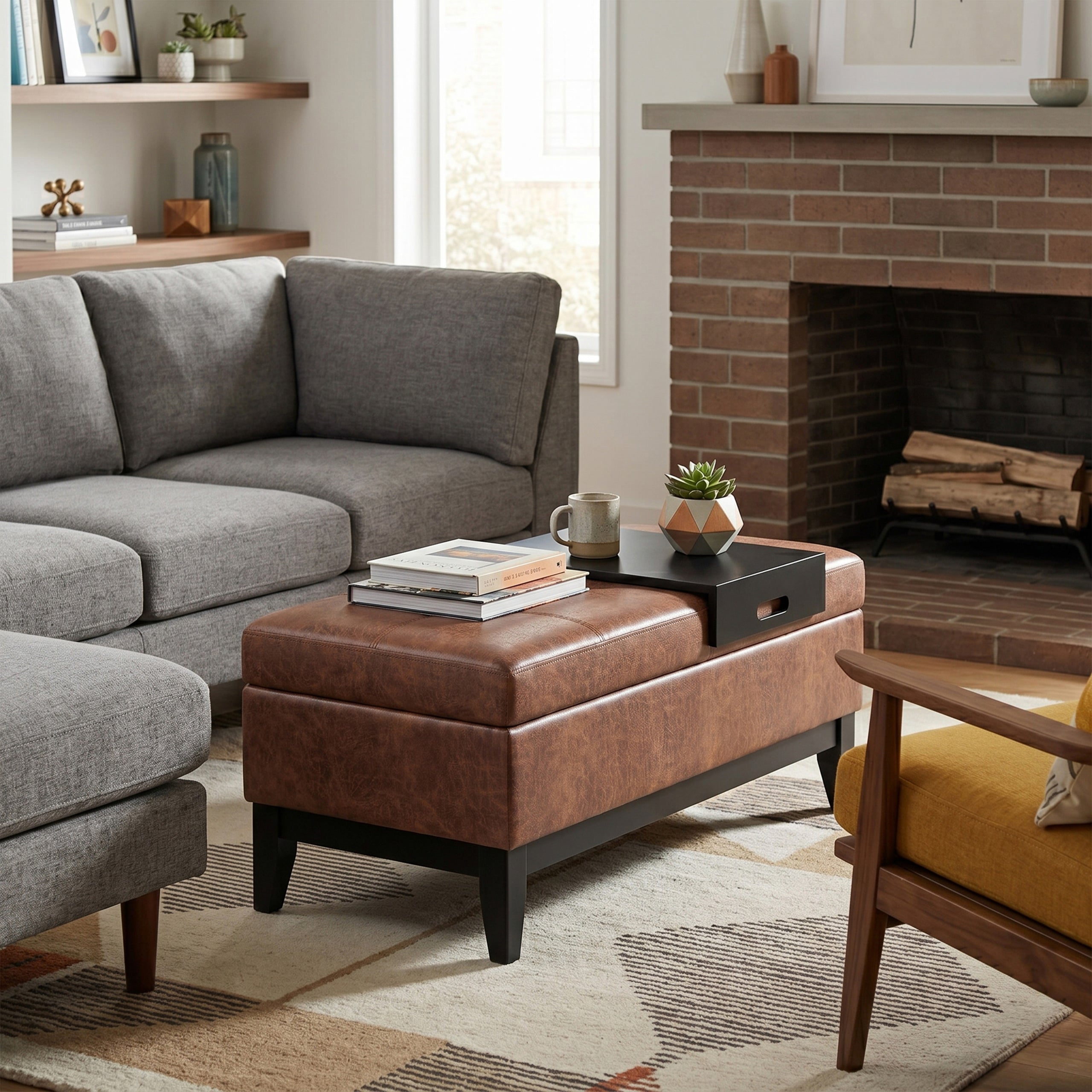 Distressed Saddle Brown Distressed Vegan Leather | Oregon Storage Ottoman Bench with Tray in Distressed Vegan Leather