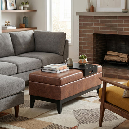 Distressed Saddle Brown Distressed Vegan Leather | Oregon Storage Ottoman Bench with Tray in Distressed Vegan Leather