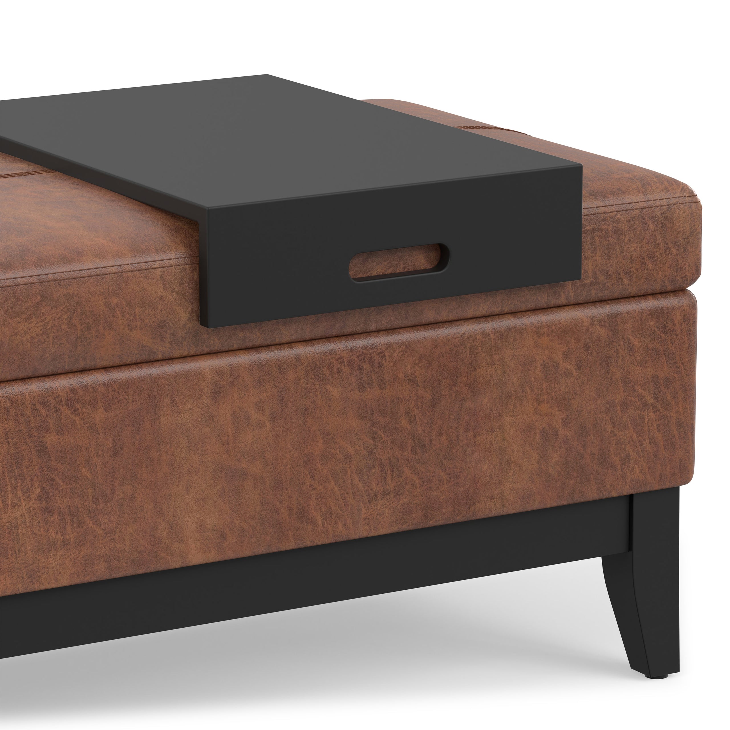 Distressed Saddle Brown Distressed Vegan Leather | Oregon Storage Ottoman Bench with Tray in Distressed Vegan Leather