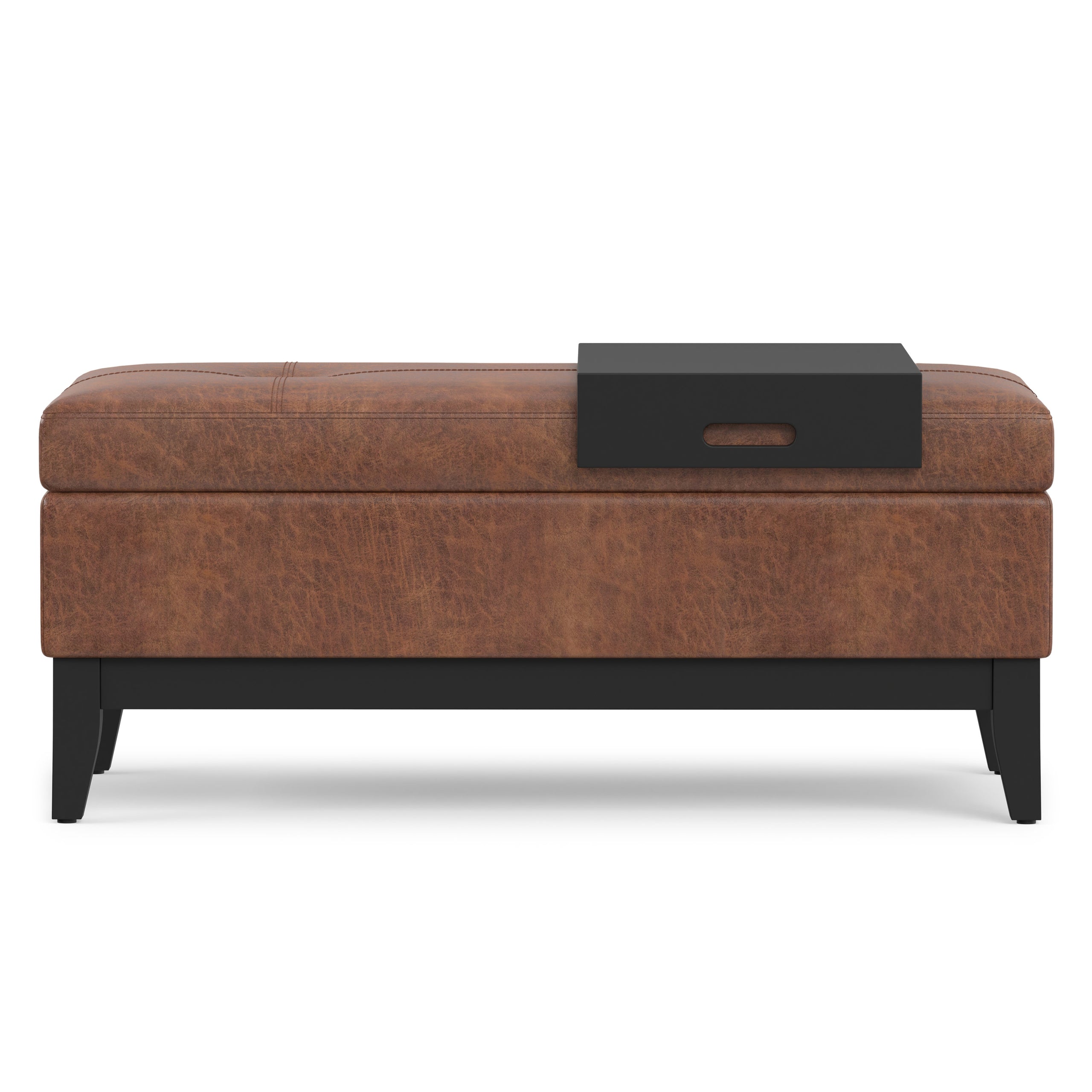 Distressed Saddle Brown Distressed Vegan Leather | Oregon Storage Ottoman Bench with Tray in Distressed Vegan Leather