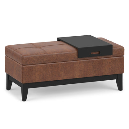 Distressed Saddle Brown Distressed Vegan Leather | Oregon Storage Ottoman Bench with Tray in Distressed Vegan Leather
