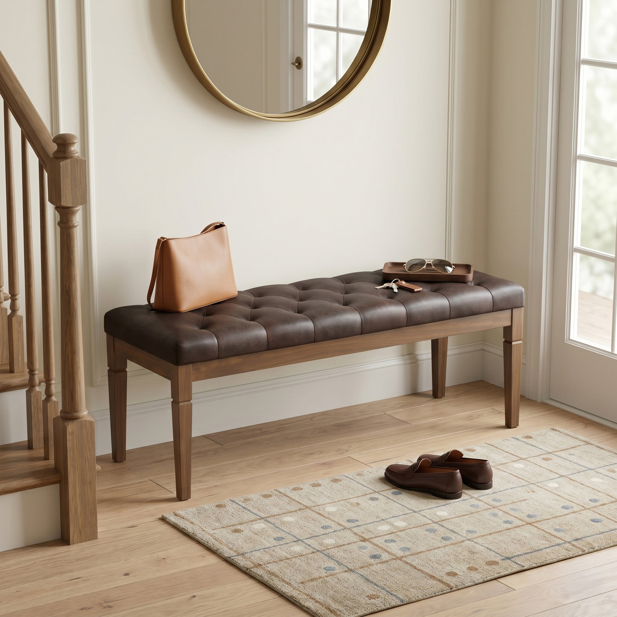 Distressed Brown Distressed Vegan Leather | Waverly Tufted Ottoman Bench