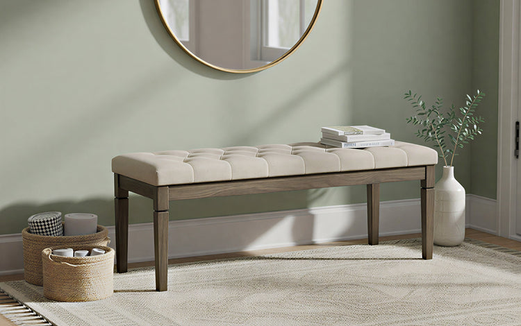 Wheat Beige Linen Style Fabric | Waverly Tufted Ottoman Bench in Wheat Beige