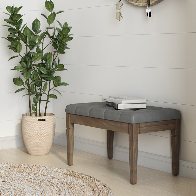 Stone Grey Vegan Leather | Waverly Small Tufted Ottoman Bench in Vegan Leather