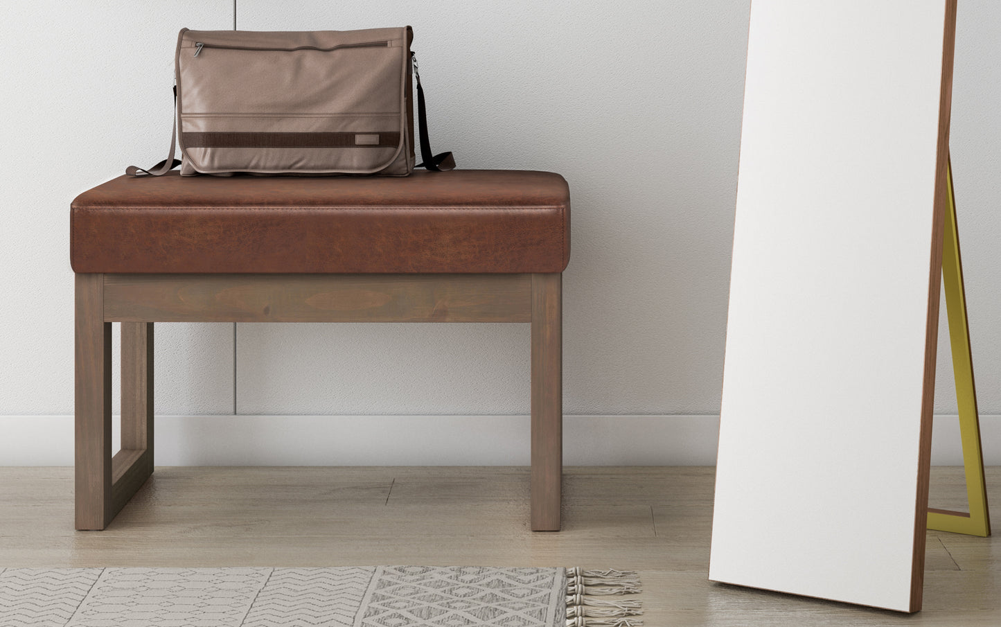 Distressed Saddle Brown Distressed Vegan Leather | Milltown Footstool Small Ottoman Bench