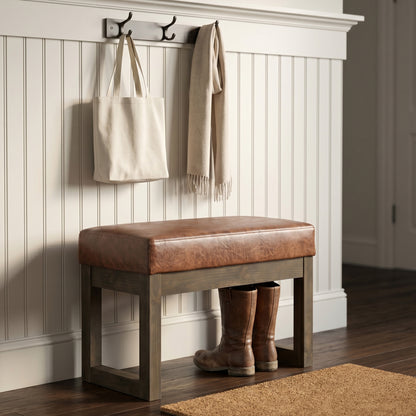Distressed Saddle Brown Distressed Vegan Leather | Milltown Footstool Small Ottoman Bench
