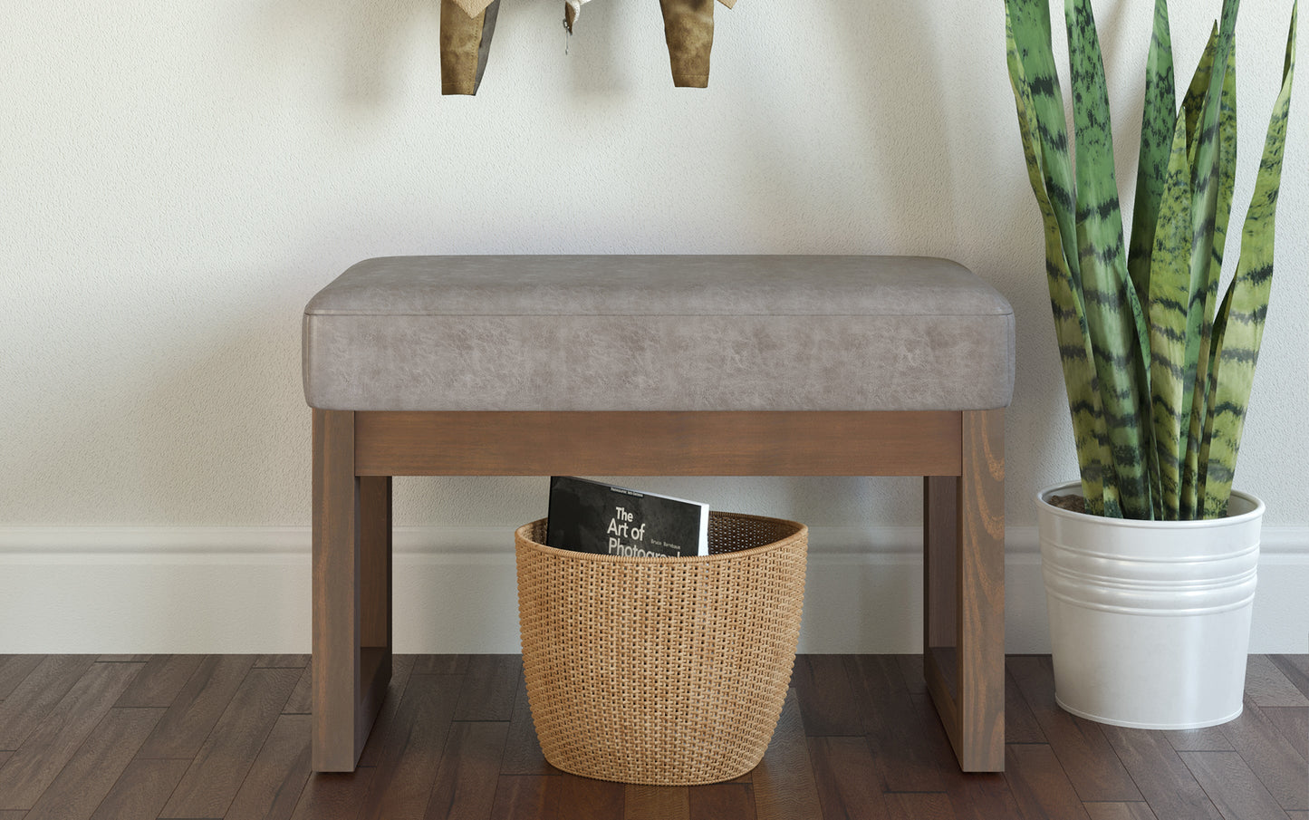 Distressed Grey Taupe Distressed Vegan Leather| Milltown Footstool Small Ottoman Bench