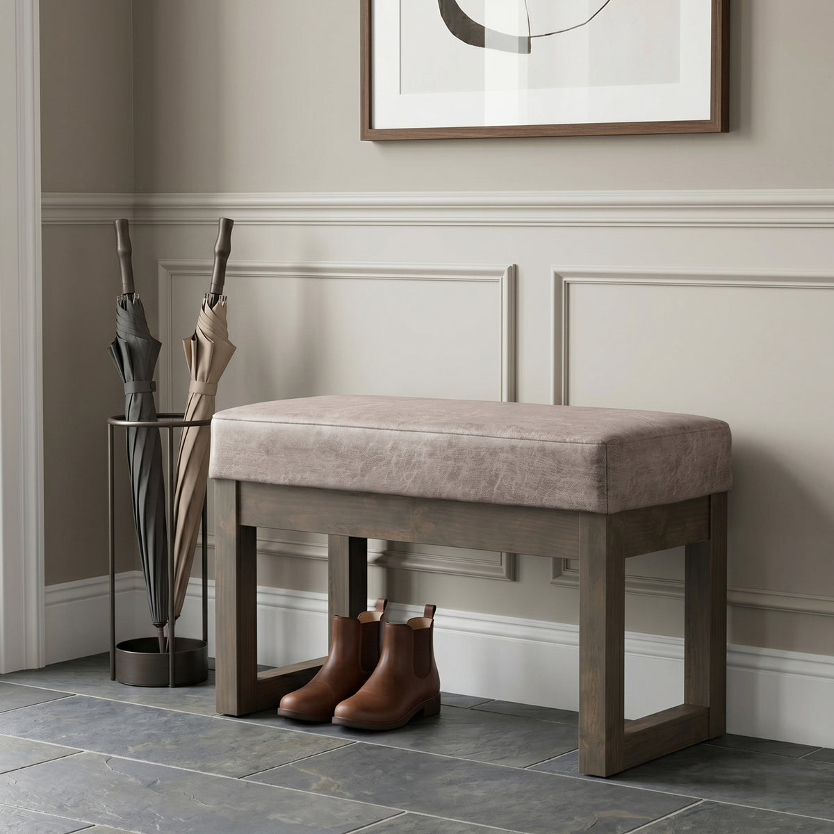 Distressed Grey Taupe Distressed Vegan Leather| Milltown Footstool Small Ottoman Bench