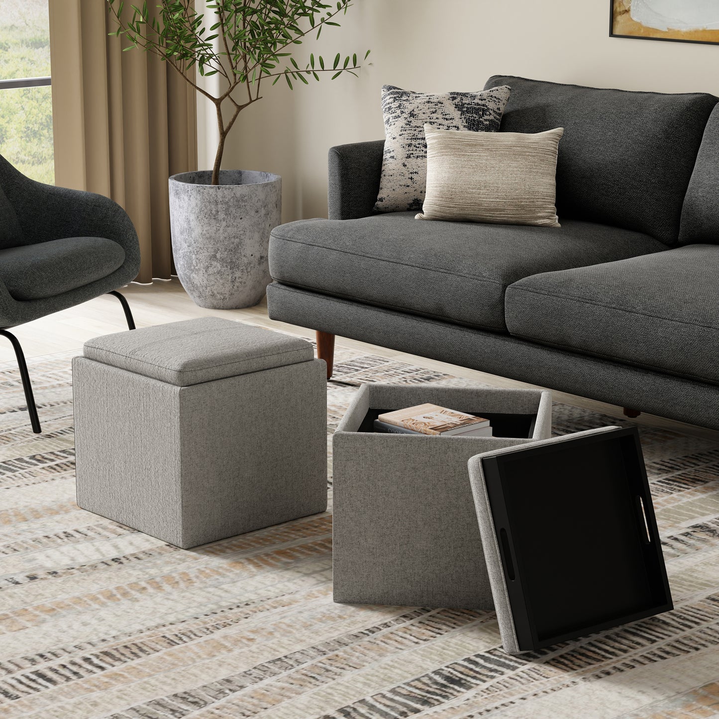 Cloud Grey Linen Style Fabric | Rockwood Cube Storage Ottoman in Linen