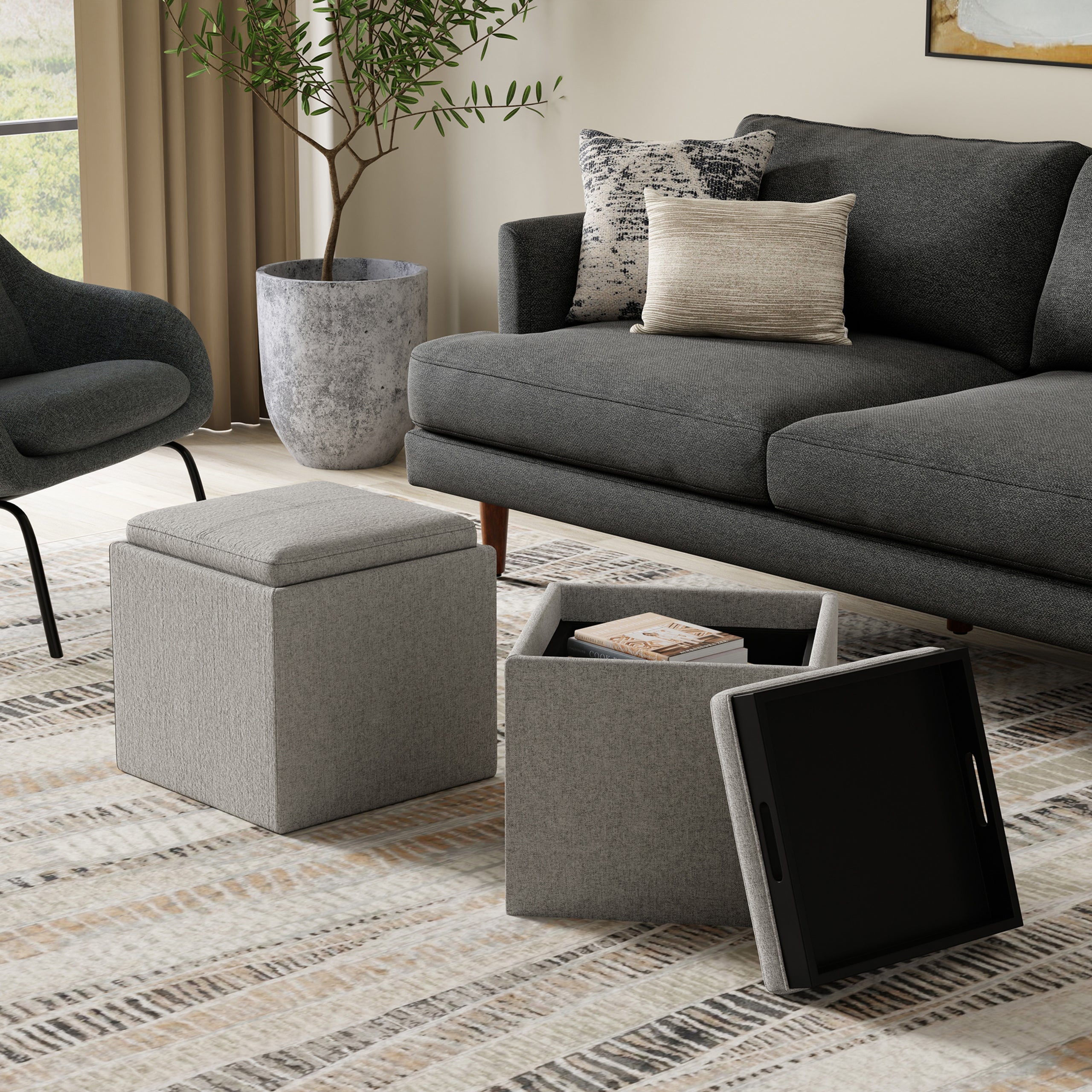 Cloud Grey Linen Style Fabric | Rockwood Cube Storage Ottoman in Linen
