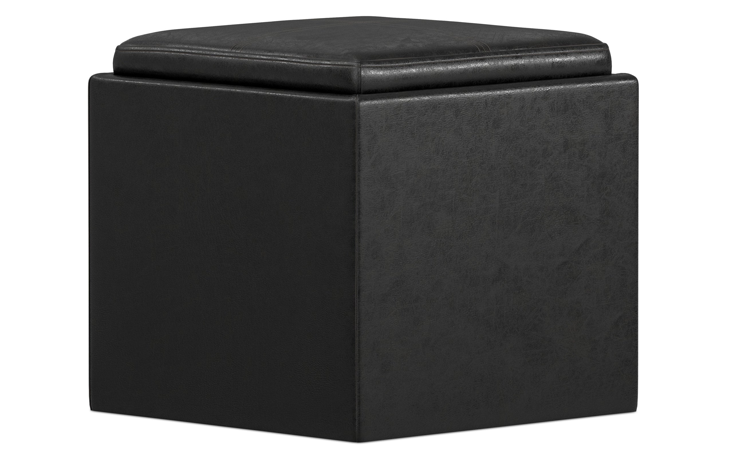 Distressed Black Distressed Vegan Leather | Rockwood Vegan Leather Cube Storage Ottoman with Tray