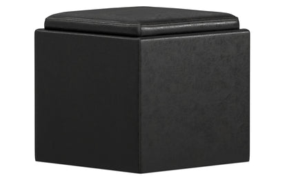 Distressed Black Distressed Vegan Leather | Rockwood Vegan Leather Cube Storage Ottoman with Tray