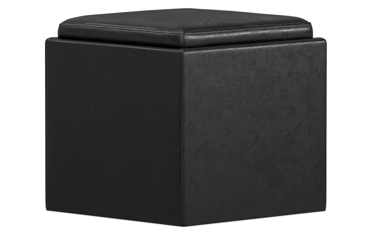 Distressed Black Distressed Vegan Leather | Rockwood Vegan Leather Cube Storage Ottoman with Tray