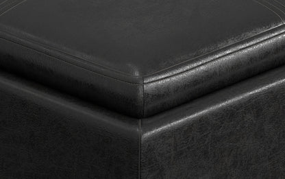 Distressed Black Distressed Vegan Leather | Rockwood Vegan Leather Cube Storage Ottoman with Tray