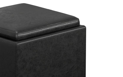 Distressed Black Distressed Vegan Leather | Rockwood Vegan Leather Cube Storage Ottoman with Tray