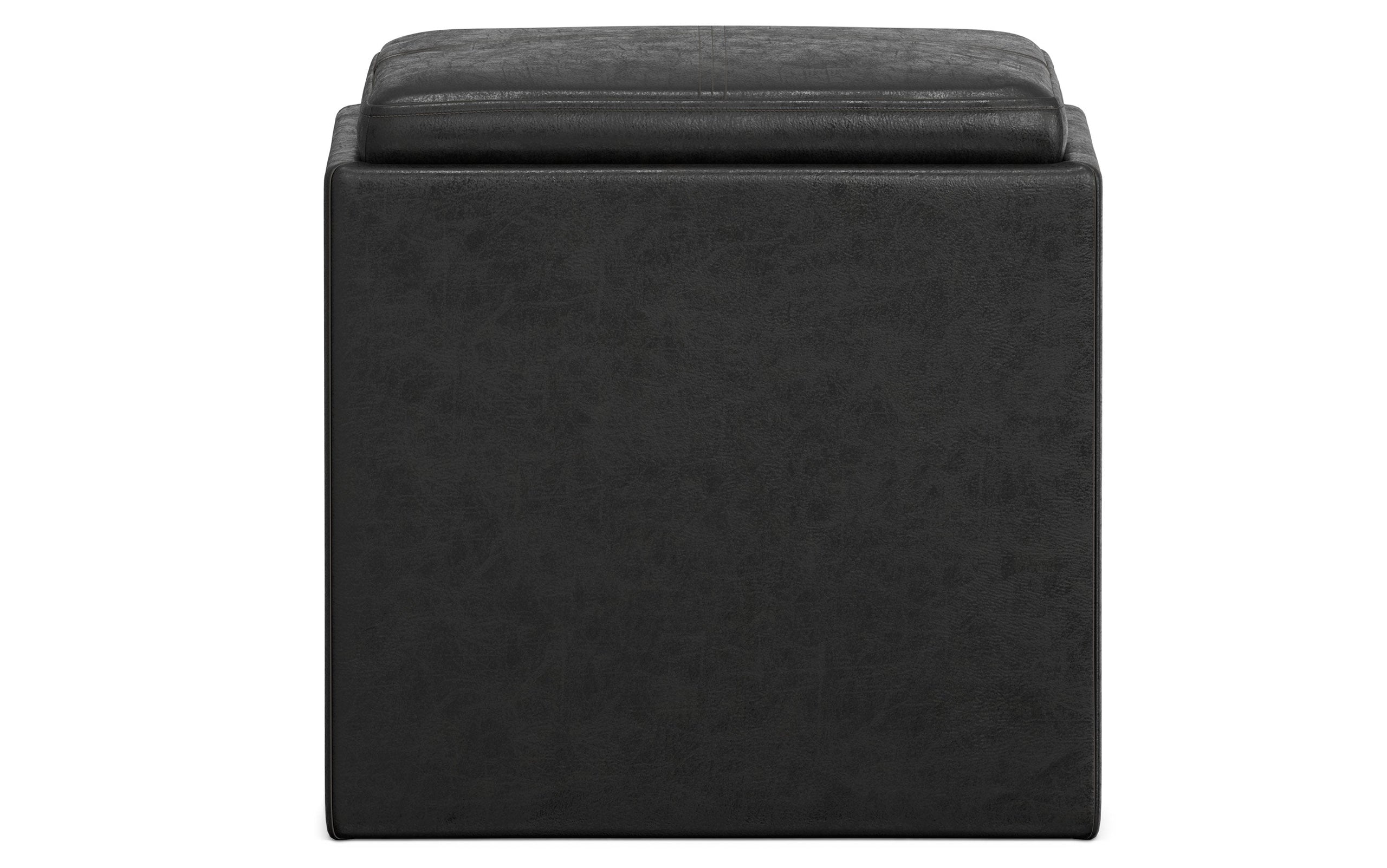 Distressed Black Distressed Vegan Leather | Rockwood Vegan Leather Cube Storage Ottoman with Tray