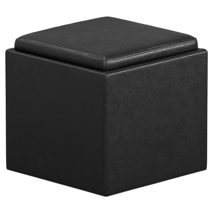 Distressed Black Distressed Vegan Leather | Rockwood Vegan Leather Cube Storage Ottoman with Tray