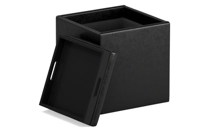 Distressed Black Distressed Vegan Leather | Rockwood Vegan Leather Cube Storage Ottoman with Tray
