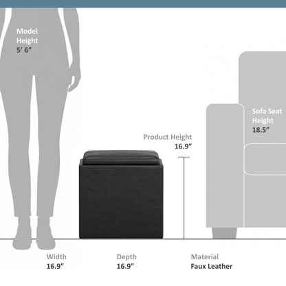 Distressed Black Distressed Vegan Leather | Rockwood Vegan Leather Cube Storage Ottoman with Tray